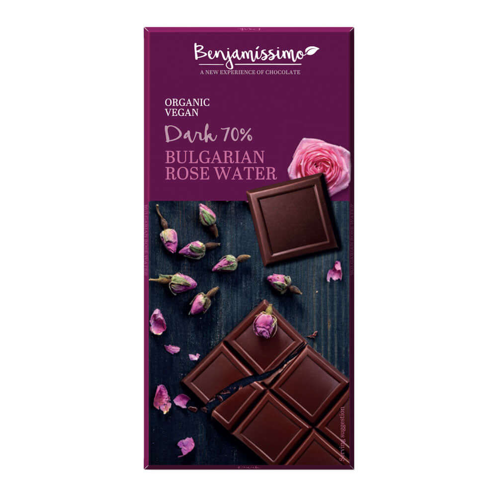 Ciocolata cu apa de trandafir FARA GLUTEN Benjamissimo, bio, 70g, ecologic