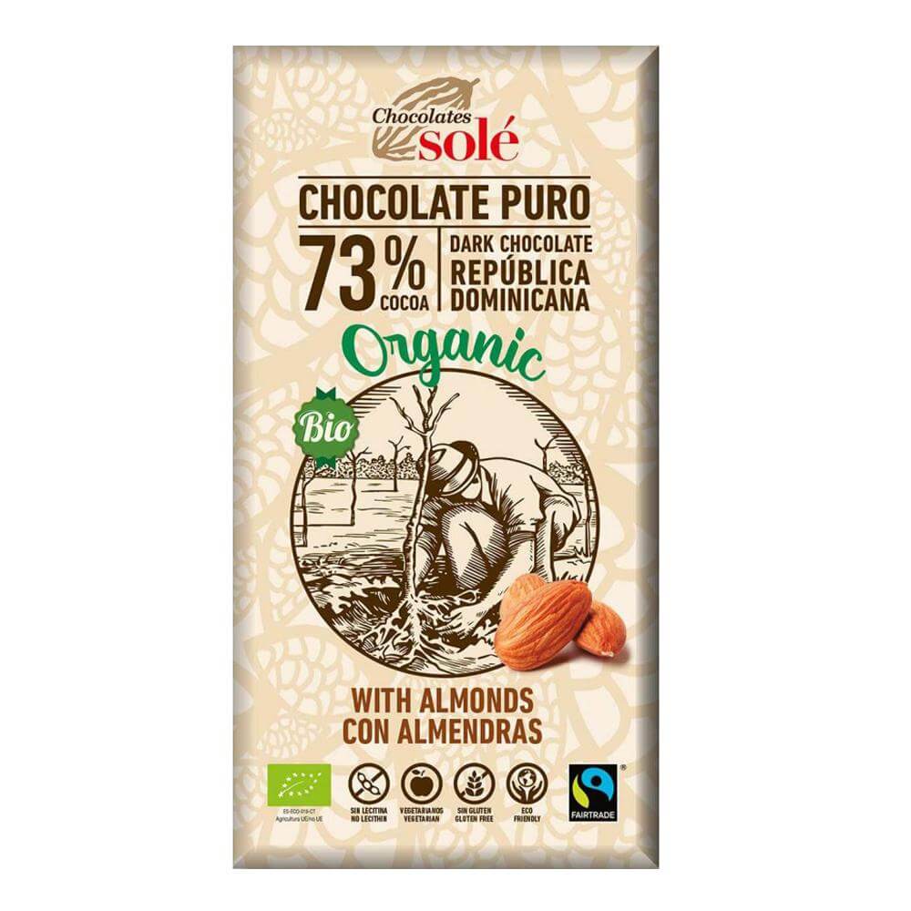 Ciocolata neagra cu 73% cacao si migdale Chocolates Sole, bio, 150 g