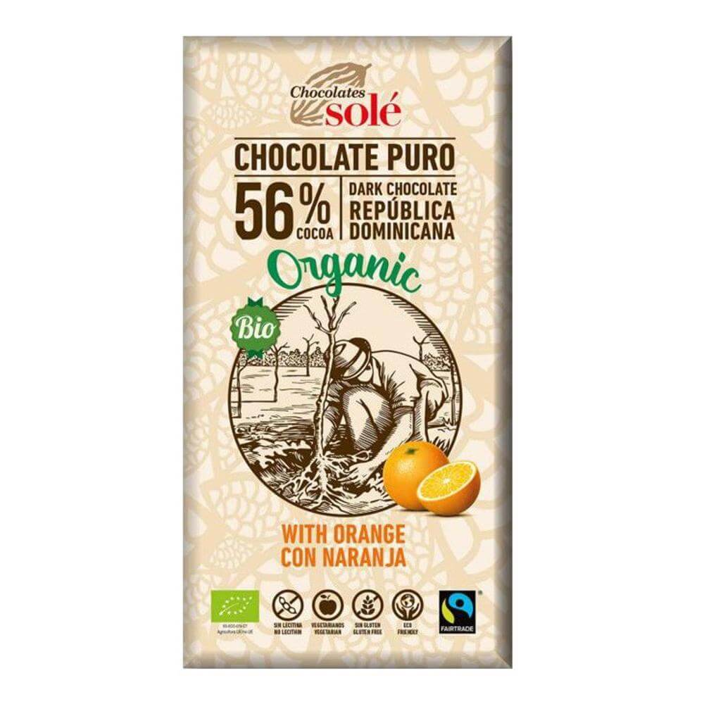 Ciocolata neagra cu portocale si 56% cacao Chocolates Sole, bio, 100g