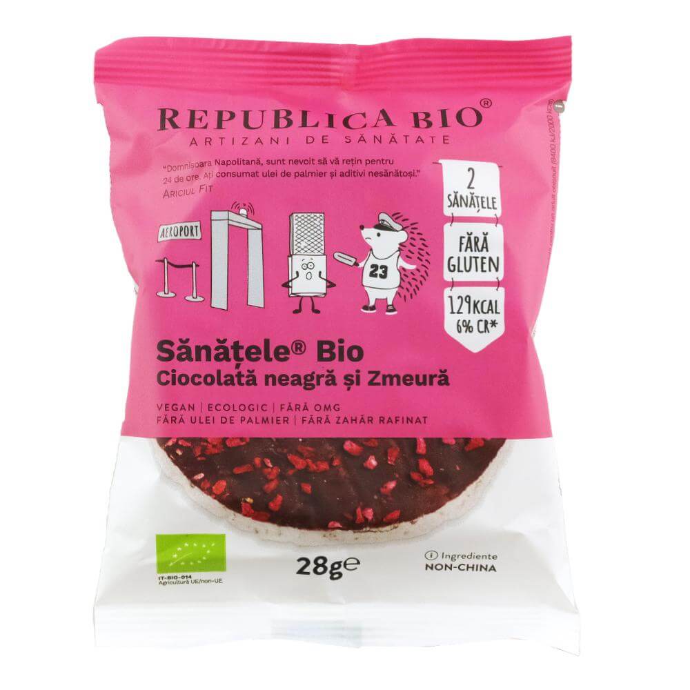 SANATELE BIO Ciocolata neagra si Zmeura, ecologic, FARA GLUTEN, Republica BIO, 28g